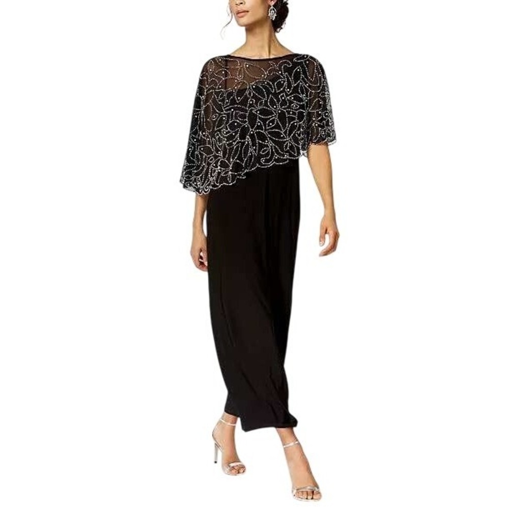 NWT MSK Black/Silver Beaded Cape Overlay Maxi Gown Dress Petite Size PS Wedding